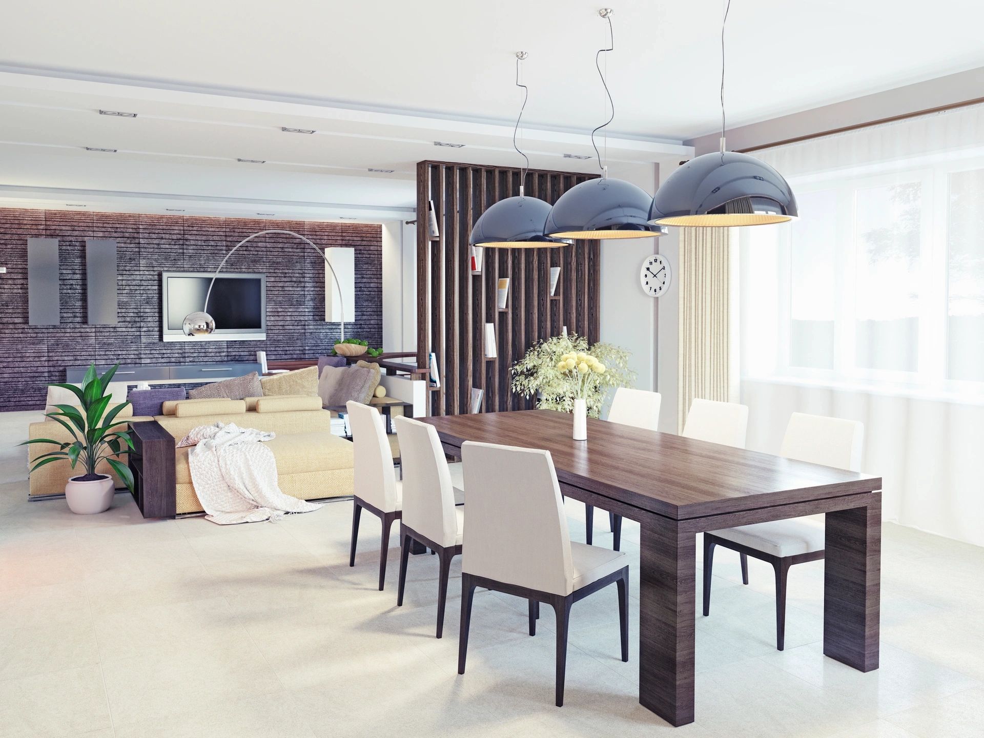 Modern open-plan interior living and dining space